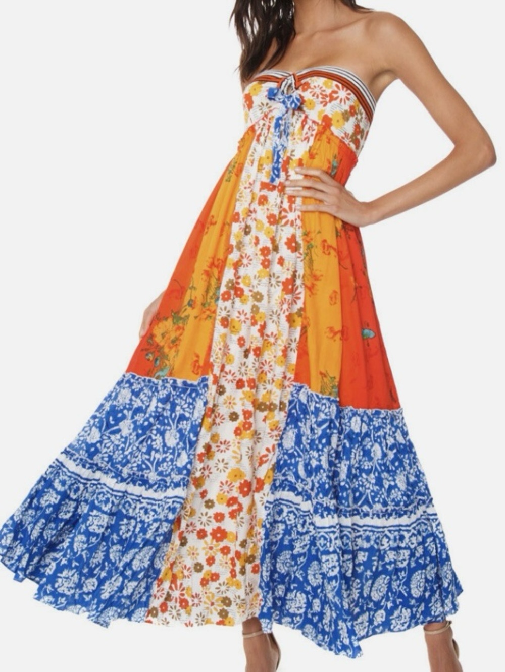 Free People Golden Dreams Strapless Maxi Dress Blue & Orange Floral - Picture 4 of 10